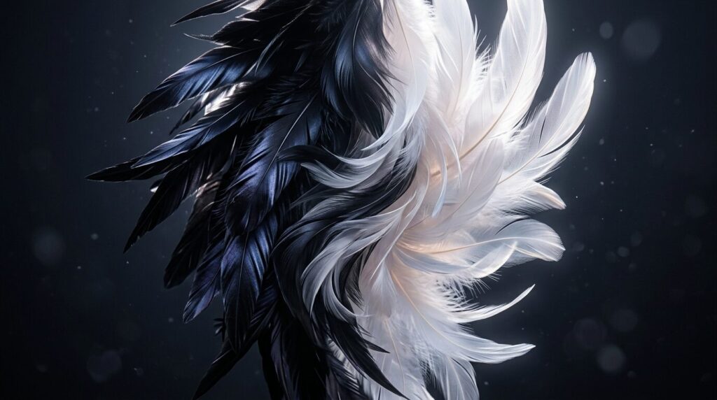 安部結蘭さんのBLACK ANGELでのパフォーマンスを表現した、白と黒の羽の対比イラスト