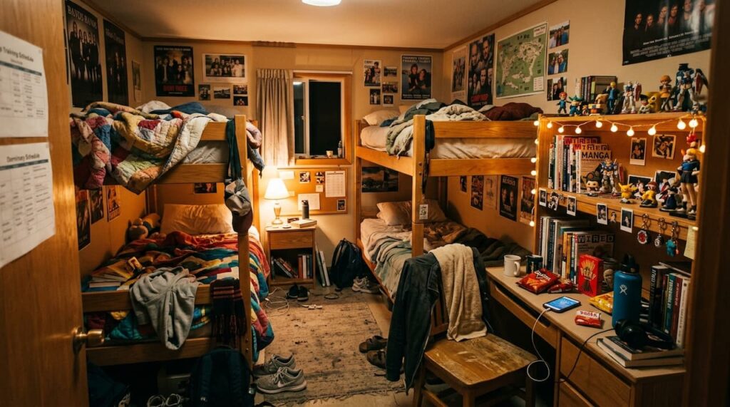 合宿施設の寮室。ベッドや棚に小物や充電中のスマホが自然に置かれており、練習生たちの日常の温かみが伝わる