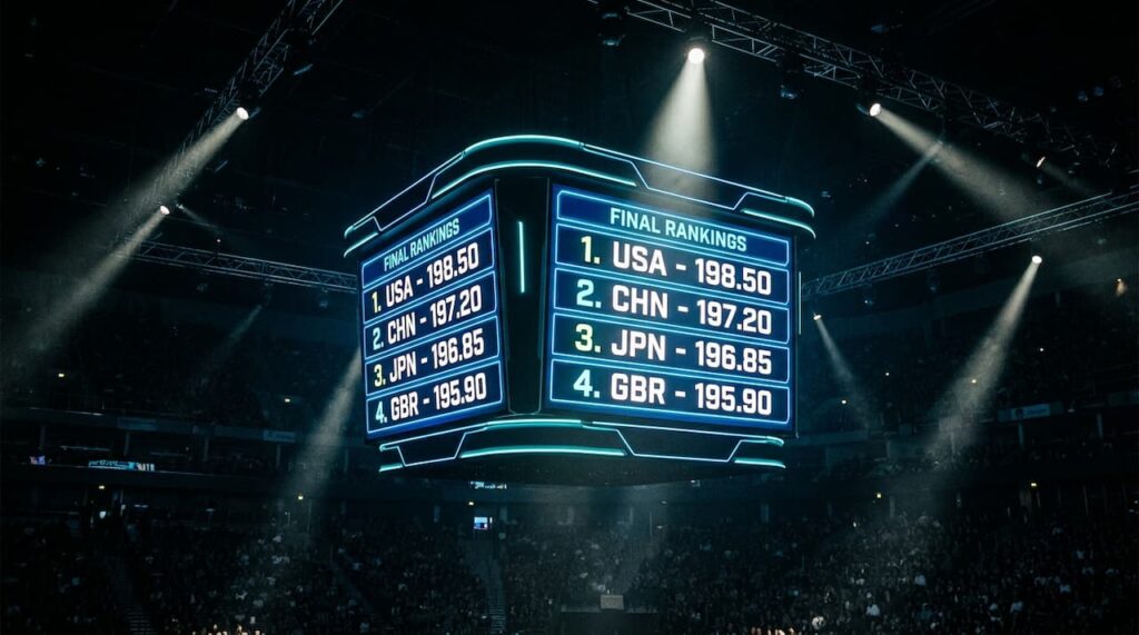 暗いアリーナに輝く大型デジタルスコアボード。ネオンの光が順位数字を照らし、驚きと興奮に満ちた空気を演出している