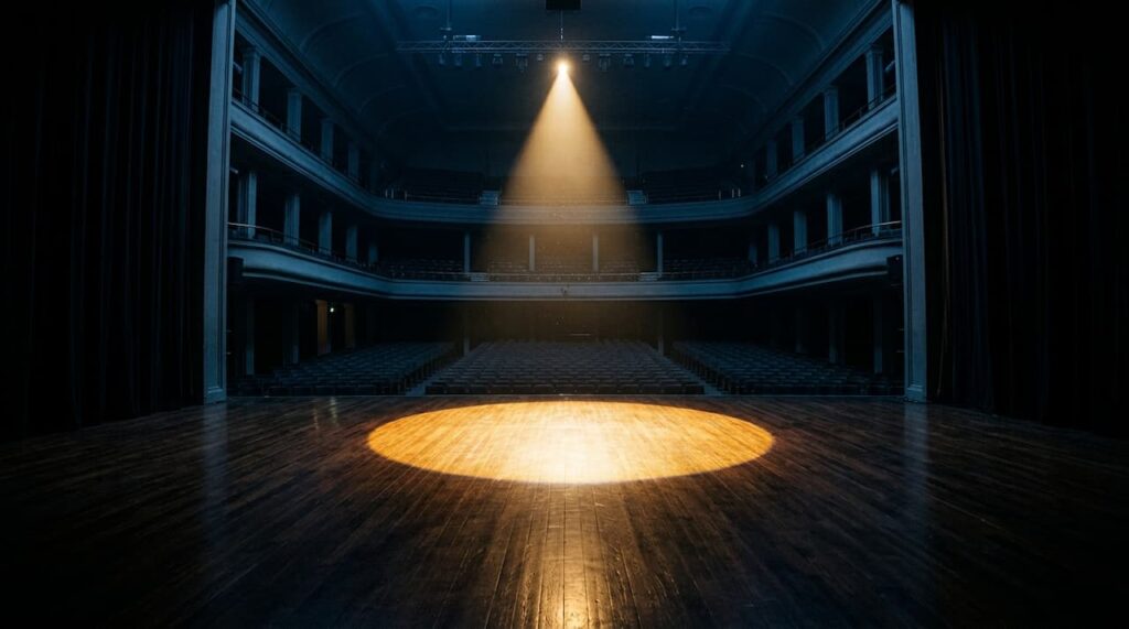 スポットライトが照らす広いステージ。これから始まる戦いへの期待と緊張感が漂う、開演前の静寂を表現している