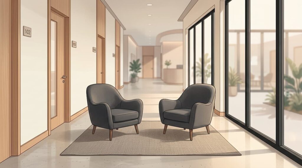 合宿施設の廊下に向かい合って置かれた二脚の椅子。窓から差し込む柔らかな光が、長い緊張がほどけた瞬間の穏やかさを表現している