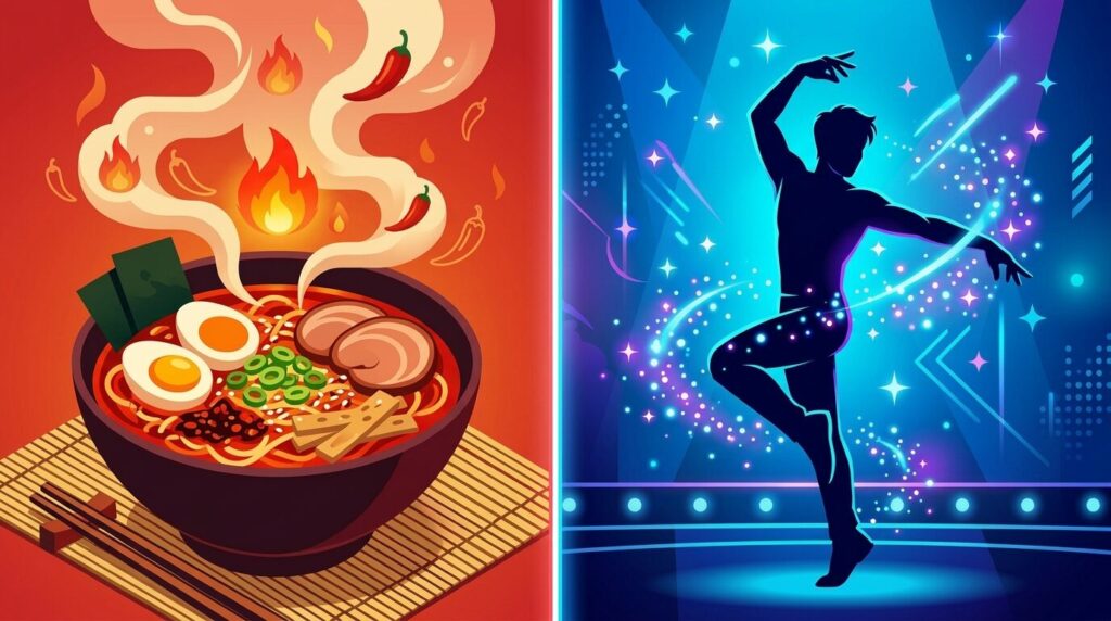 釼持吉成さんが1分PRで見せた、激辛ラーメンとクールなダンスパフォーマンスのギャップを表現したイラスト