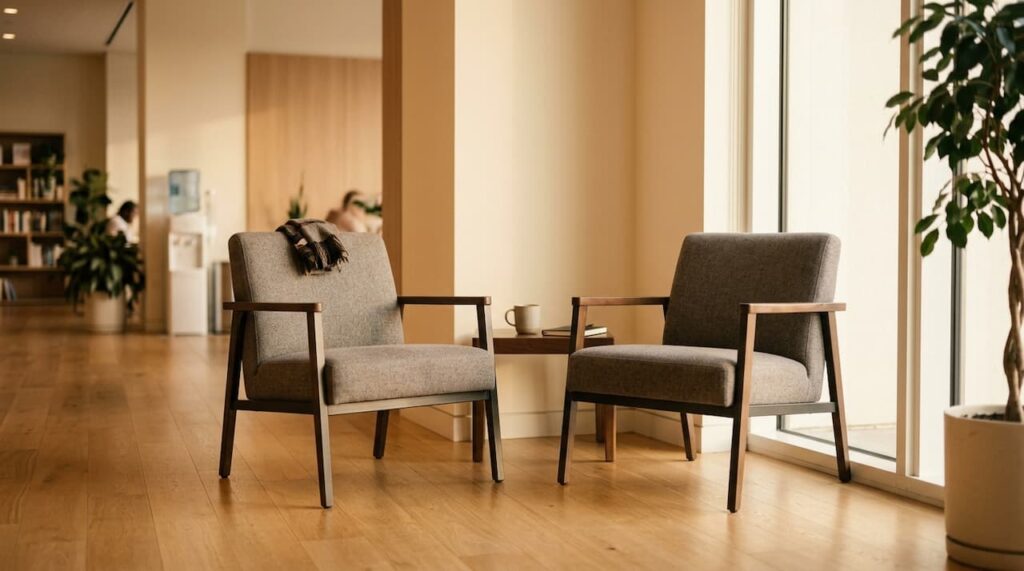 合宿施設の一角に置かれた二脚の椅子。窓から差し込む光が穏やかに照らし、長い緊張が解けた瞬間の静けさを表現している