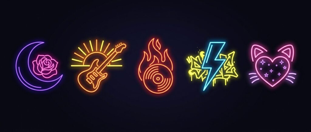 ダーク、J-ROCK、ラテン、ヒップホップ、キュートという5つの異なる音楽世界観を5つのシンボルで表現したモダンなイラスト