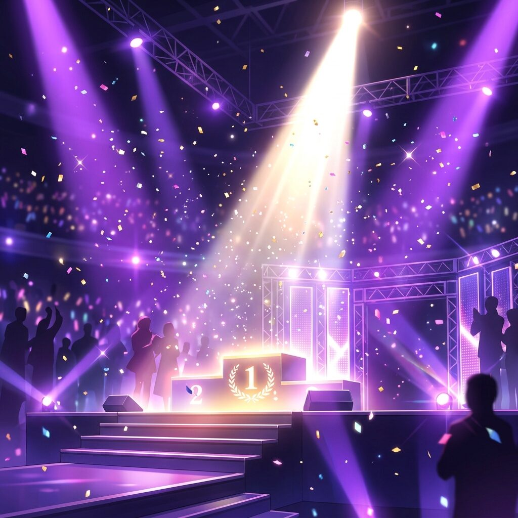 スポットライトに照らされた順位発表式のステージのイラスト