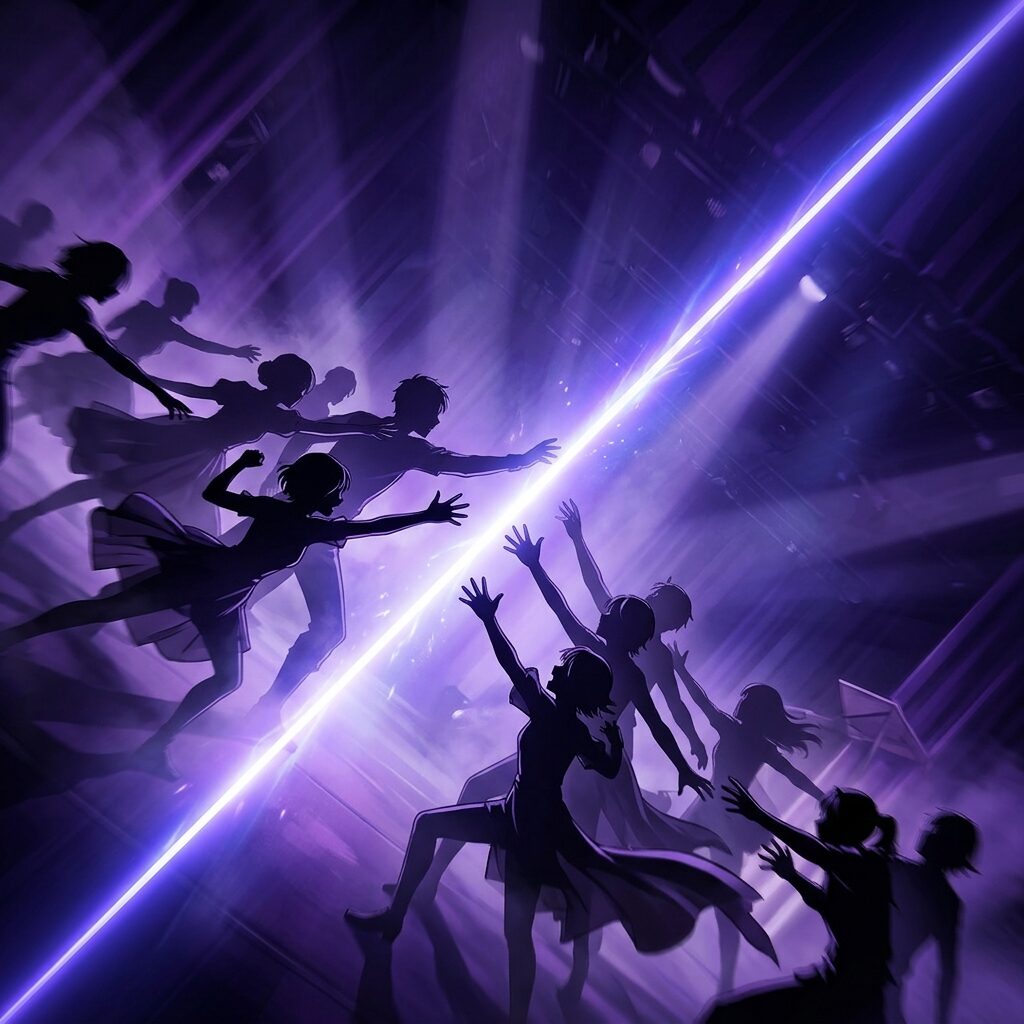 順位が大きく動くジェットコースター現象のイメージ
Prompt:
Anime illustration style, a dramatic upward arrow and downward arrow intertwining like a roller coaster track, glowing purple and blue neon lines, dynamic energy, dark background with sparkling particles, no text, no characters, abstract and powerful composition, purple accent #7c3aed

以上です。
アイキャッチ＋本文4枚の構成にしました。
順位が大きく動くジェットコースター現象のイメージ